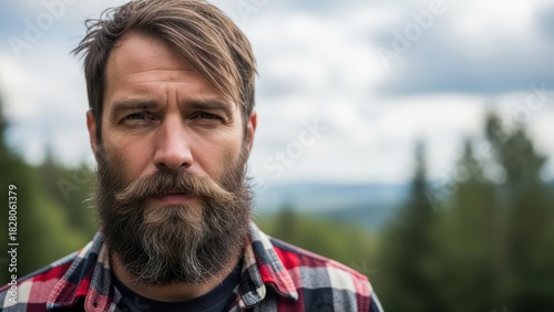 Young caucasian male with beard in outdoor nature scene