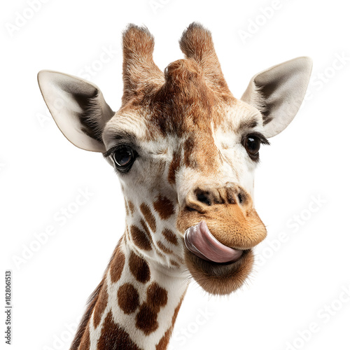 Close up portrait of a curious giraffe with its tongue sticking out playfully against a dark background isolated on transparent background