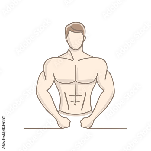 Stylized illustration of a muscular man showing defined abdominal muscles and powerful arms