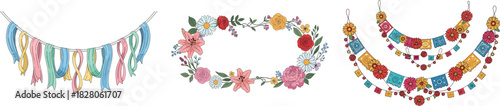 Watercolor floral garland and papel picado isolated on transparent background for cinco de mayo celebration