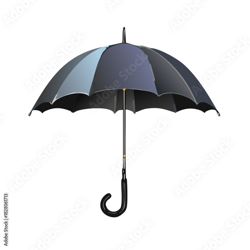 Open classic umbrella with curved handle and striped canopy in shades of grey and blue