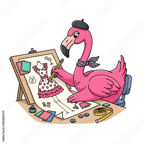 Adorable flamingo fashion designer sketching a stylish polka dot dress, perfect for children's designs and creative projects, whimsical and fun