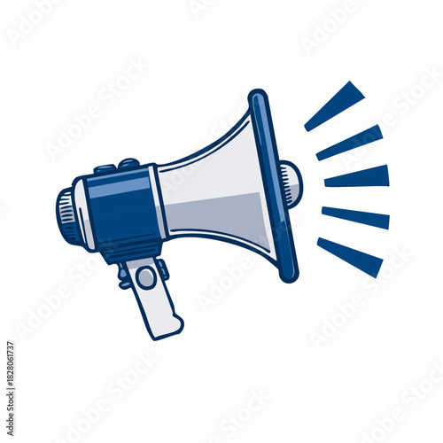 Blue and White Megaphone Emitting Sound Waves Artistic Illustration