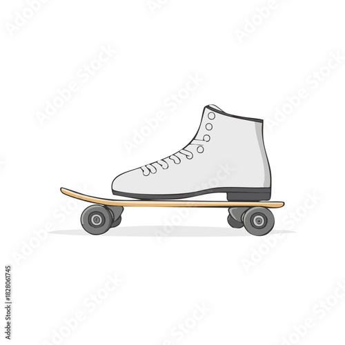 Creative illustration of a classic roller skate placed atop a modern skateboard deck