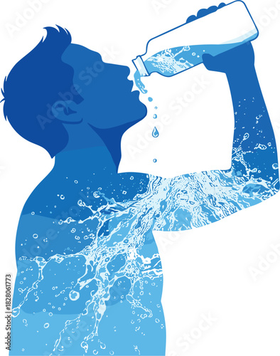 Dynamic silhouette vector illustration of a thirsty man vigorously drinking water from a clear bottle, incorporating splashes and liquid textures, symbolizing hydration, health, and refreshment
