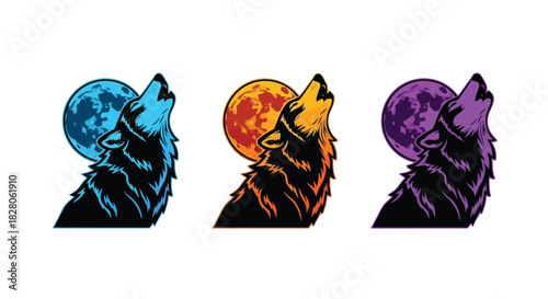 Colorful howling wolf silhouettes against full moons, symbolizing wildness, freedom and night