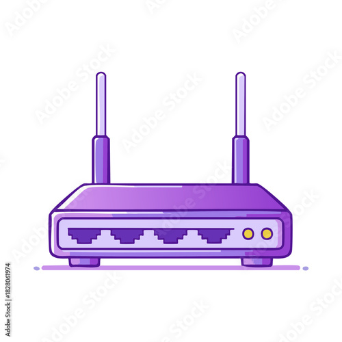 Cartoon style wireless internet router with two antennas and network ports vector icon illustration