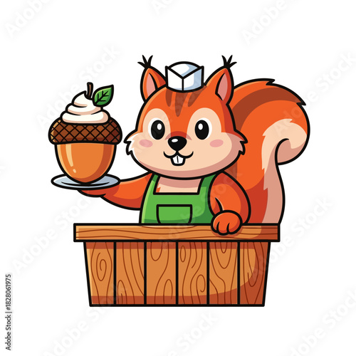Adorable cartoon squirrel barista serving acorn dessert with whipped cream in a wooden shop stall for children's illustration projects