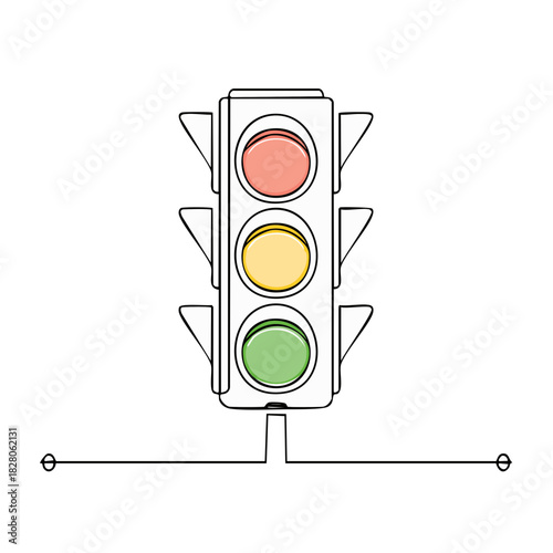 Simplified traffic signal with red yellow and green lights in a line drawing style