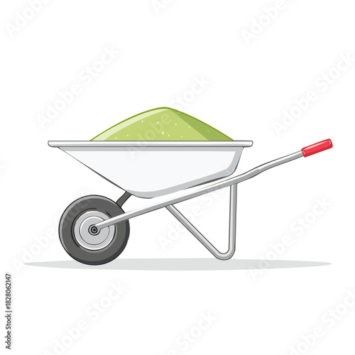 Single wheelbarrow filled with light green sand for construction and gardening