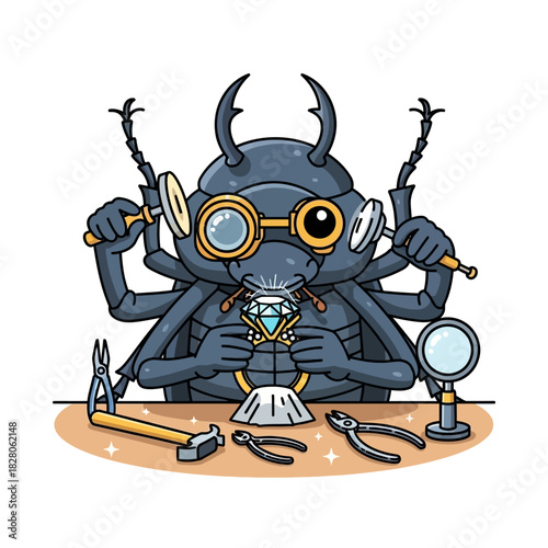 Delightful cartoon beetle jeweler crafting a sparkling diamond ring with skilled precision and tiny tools, a whimsical take on artistry