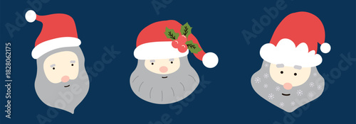 A cute flat Santa Claus illustration featuring a friendly bearded face in a red hat, designed in a minimal Nordic style. Perfect for Christmas cards, festive banners, winter holiday greetings, kids gr