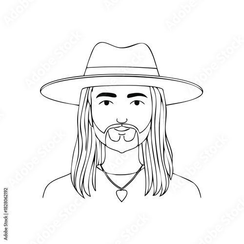 Bohemian man with long hair beard and fedora hat line art illustration