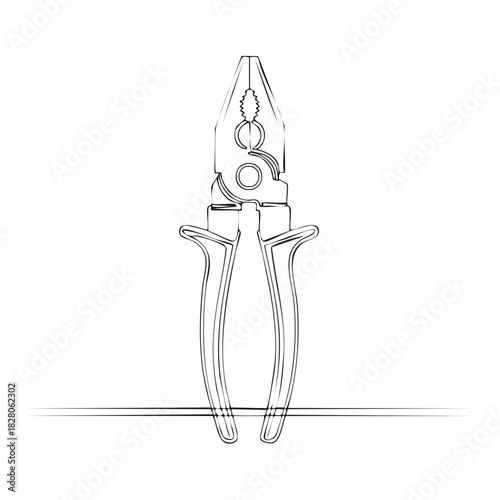 Minimalist line drawing of combination pliers against a white background with a wire element
