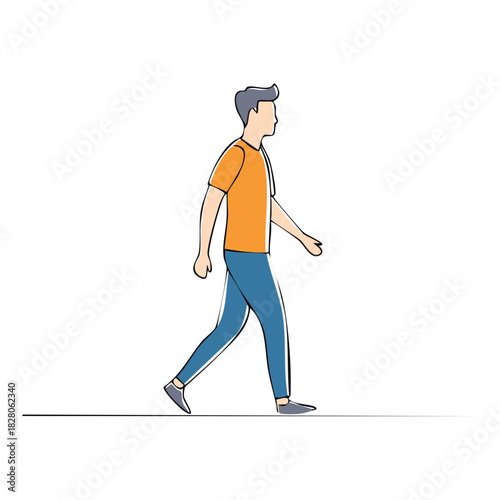 Man in casual clothes walks steadily in flat style illustration in positive fashion with linear outlining