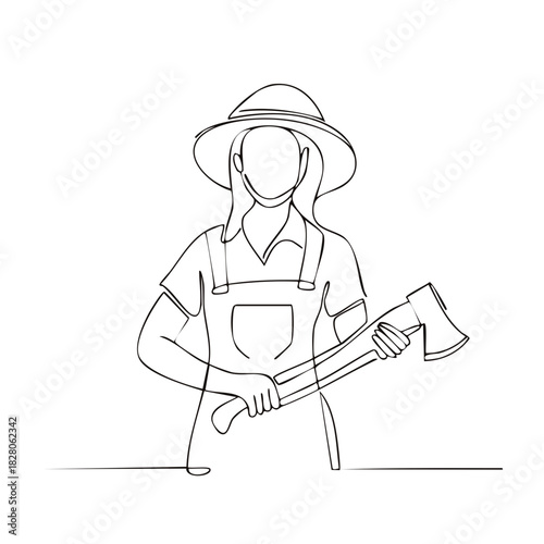 Continuous line art illustration of a person wearing a hat and overalls holding an axe