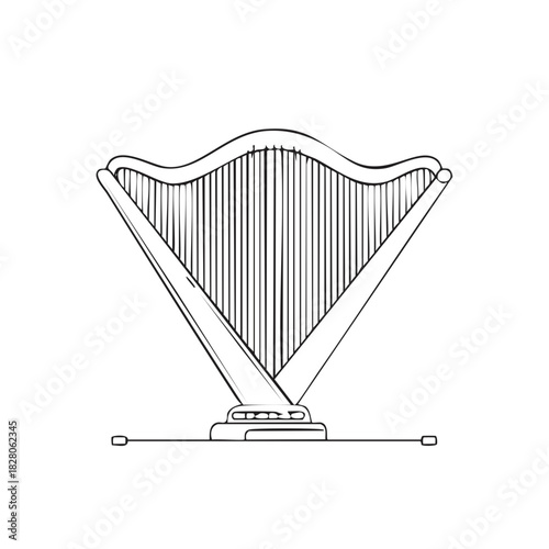 Black and white line art illustration of a musical harp instrument with strings vector graphic