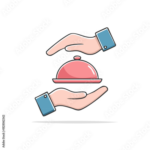 Hands presenting covered serving dish food cloche service illustration