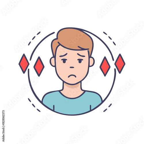 Stressed Man Illustration with Red Diamonds Symbolizing Gambling Addiction or Financial Issues