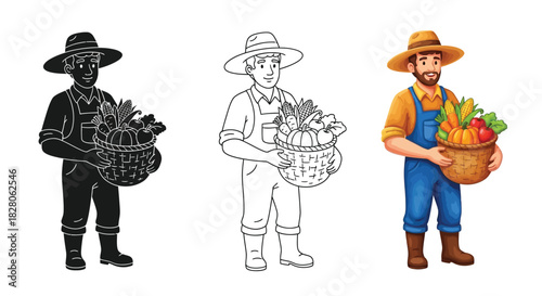 Farmer character with a basket of vegetables, shown in silhouette, line art, and color