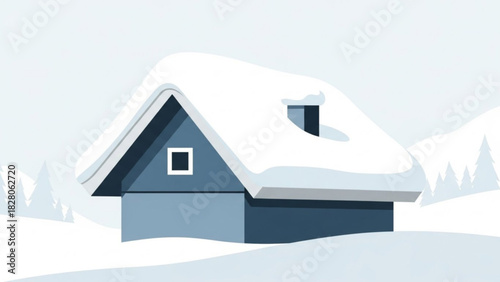 Winter wonderland home scene with snow-covered roof and peaceful, quiet landscape, perfect for holiday cards, winter promotions, and seasonal designs