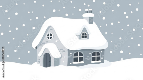 Charming snow covered cottage illustration evokes cozy winter holidays and festive cheer, perfect for seasonal greetings and heartwarming designs, originally vector