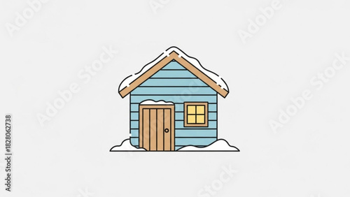 Cozy winter cabin illustration with snow capped roof, perfect for holiday cards and seasonal designs, adding a touch of warmth and charm to any project