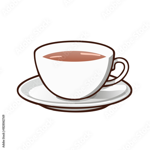 Simple cartoon illustration of a white teacup or coffee cup with hot drink and saucer