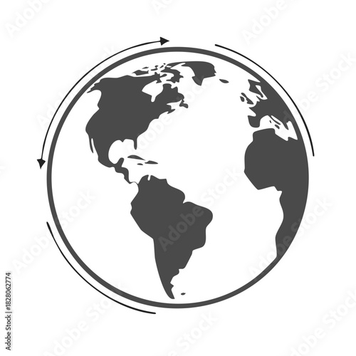 Gray Earth globe with rotating arrows illustrating global connection and movement concept