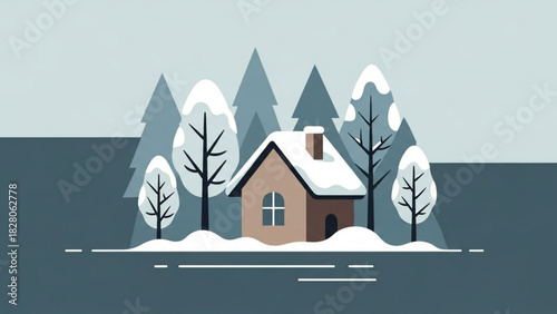 Charming winter cabin retreat nestled among snow-covered trees, a peaceful holiday escape, perfect for Christmas cards, holiday promotions, and cozy winter projects