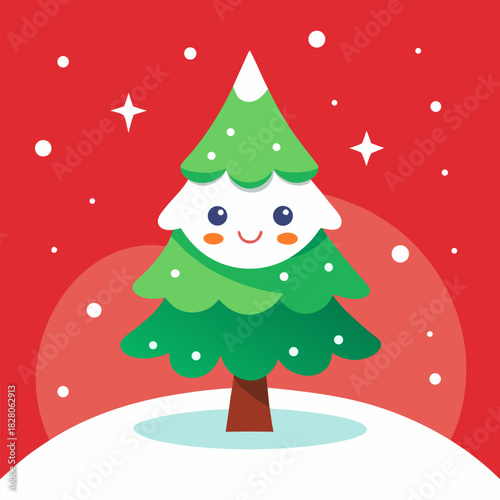 Cute Smiling Christmas Tree Character on Red Snowy BackgroundCute Smiling Christmas Tree Character on Red Snowy Background