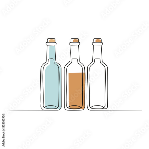 A minimalist one line drawing of three glass bottles with cork stoppers