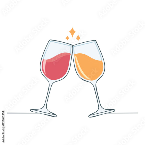 Minimalist illustration of two wine glasses cheering with sparkling red and orange drinks
