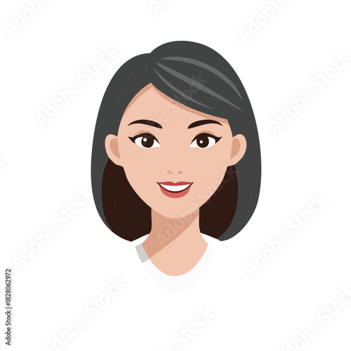 Cartoon avatar portrait of a smiling young Asian woman with short black hair
