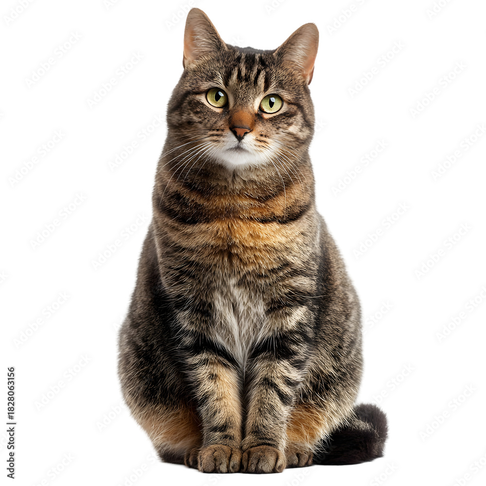 Fototapeta premium A beautiful tabby cat sitting and looking directly at the camera with a calm expression isolated on transparent background