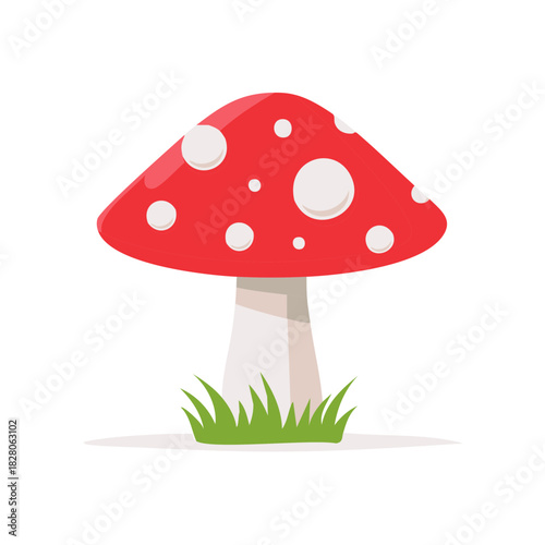 Classic red and white toadstool mushroom in grass cartoon flat vector illustration