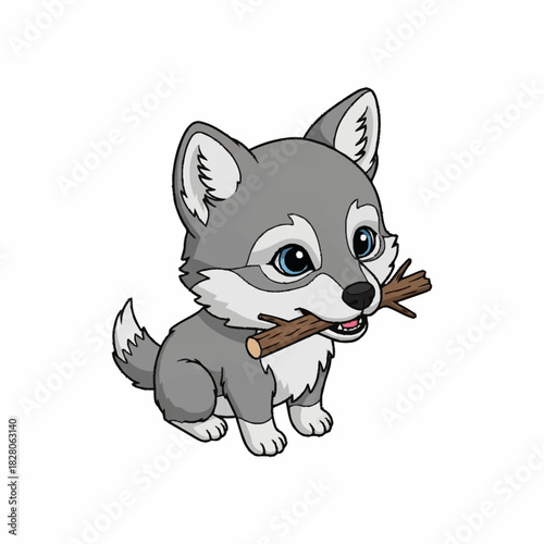 Cute wolf cub holding a stick in its mouth, adorable animal.
