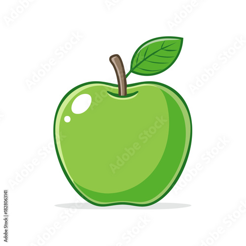 Vibrant Green Apple with Leaf and Stem Illustration