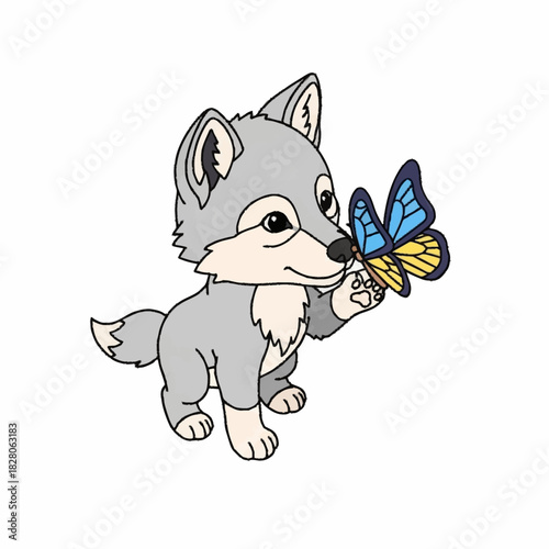 Adorable cartoon wolf cub holding a beautiful butterfly.