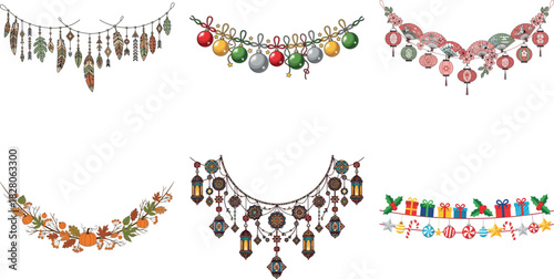 Collection of festive garlands isolated on transparent background, featuring diverse designs and embellishments for holiday decorations
