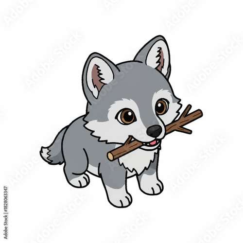 Cute cartoon wolf cub holding a stick in its mouth.