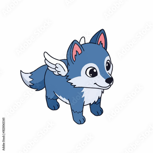 Cute Blue Cartoon Fox with Wings Standing Adorably.