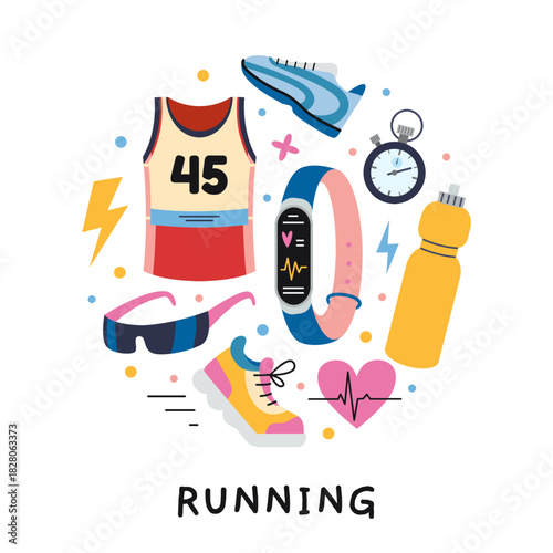 A circular composition with running concept. Shoes, jersey, water bottle, stopwatch and accessories for cardio training. Trendy vector illustration isolated on white, hand drawn, flat design