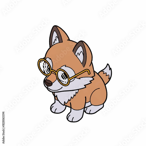 Cute Cartoon Shiba Inu Puppy Wearing Glasses Illustration.