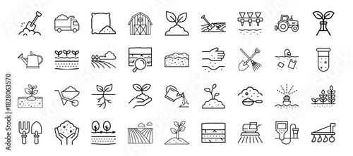 Soil line editable stroke icon set. Contain icons related to soil, ground, field, farming, and more. thin linear illustration. vector eps file