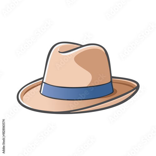 Stylish cartoon fedora hat illustration with light brown brim and blue ribbon band