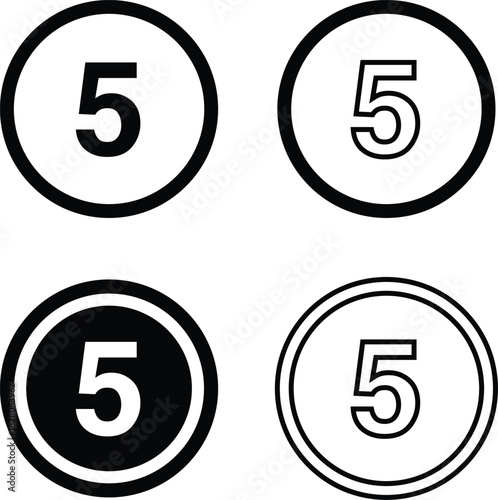 Five, Number 5 Icon Inside Circle, Line Icon – Minimalist Vector Symbol Illustration Isolated on White Background