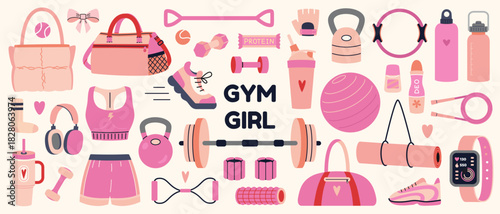 Gym Girl concept set with workout gear like water bottles, shaker, weights, clothing, bags, mat, and accessories in pink tones. Trendy isolated vector illustration, hand drawn, flat design