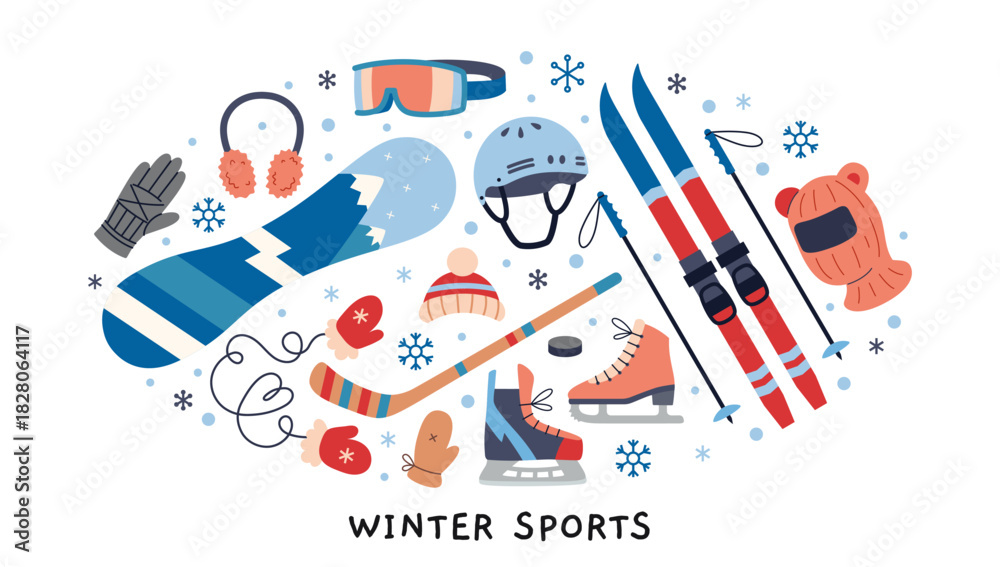 Fototapeta premium Winter sports equipment and accessories. Skiing, snowboarding, skating and cold weather gear concept. Trendy modern vector illustration isolated on white background, hand drawn, flat design
