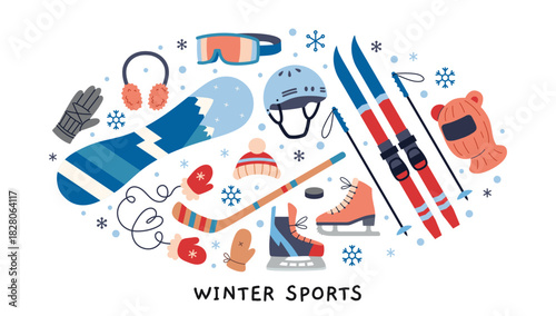 Winter sports equipment and accessories. Skiing, snowboarding, skating and cold weather gear concept. Trendy modern vector illustration isolated on white background, hand drawn, flat design